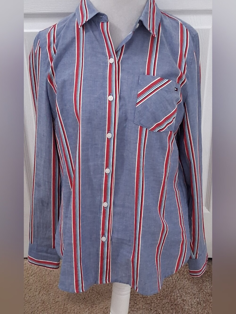 Tommy Hilfiger Blue Button-Down Shirt with Red & White Stripes Size M